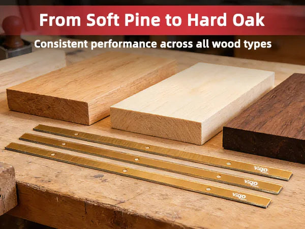 Wooden planks and Vgro wood treatment strips on a wooden surface with text about wood types.｜mobile