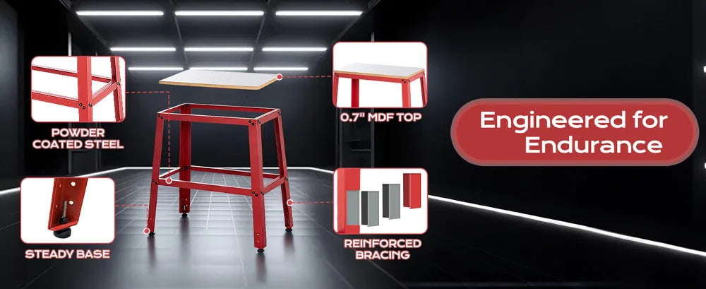 Red stool with features highlighted on a dark background｜desktop