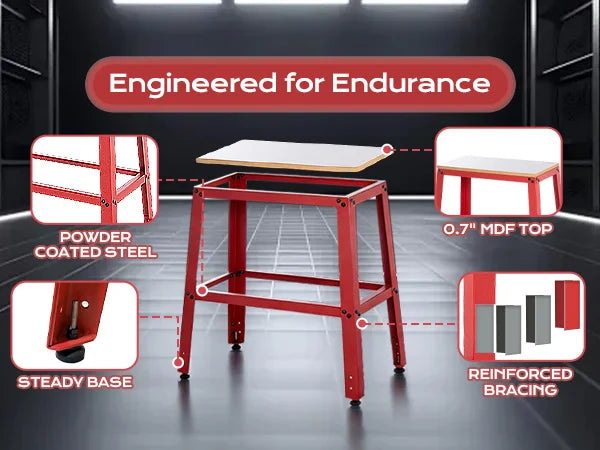 Red workbench with features highlighted on a dark background｜mobile