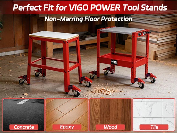 Red VIGO POWER tool stands on a workshop floor with flooring types shown below.｜mobile