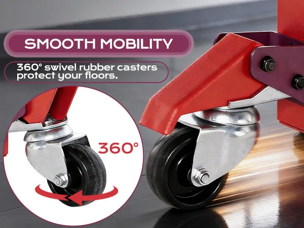 Red caster wheel with 360-degree swivel feature on a gray background｜mobile