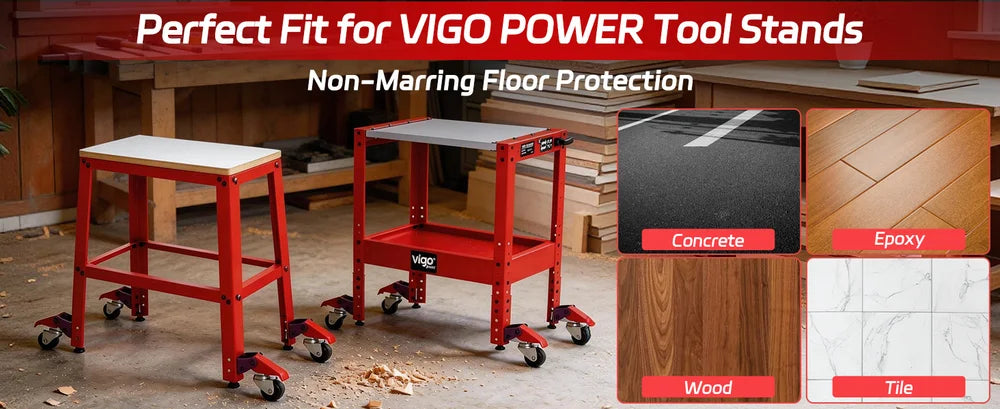 Red VIGO power tool stands with floor protection options on a wooden floor.｜desktop