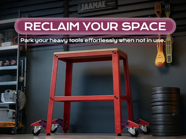 Red stool with wheels in a workshop setting, featuring text 'Reclaim Your Space'.｜mobile