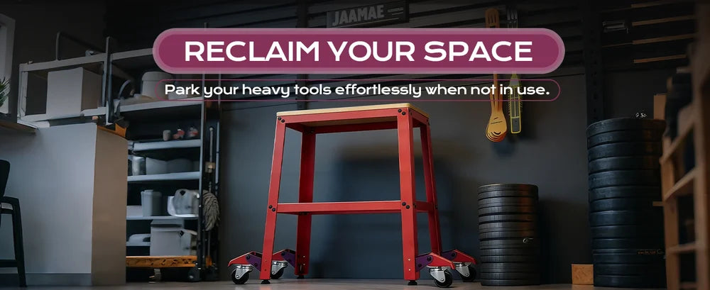 Red tool cart with 'Reclaim Your Space' text in a workshop setting｜desktop