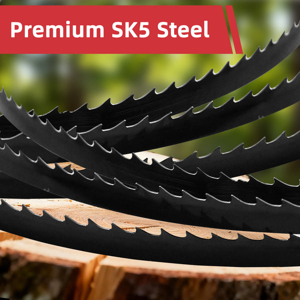 Bandsaw blades with 'Premium SK5 Steel' label on a blurred green background|card