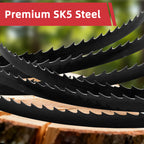 Bandsaw blades with 'Premium SK5 Steel' label on a blurred green background｜card