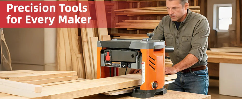 Man using a precision tool in a workshop with wooden planks and tools in the background.｜desktop