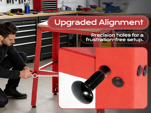 Person working on a red tool stand with 'Upgraded Alignment' text and close-up of hardware.｜mobile
