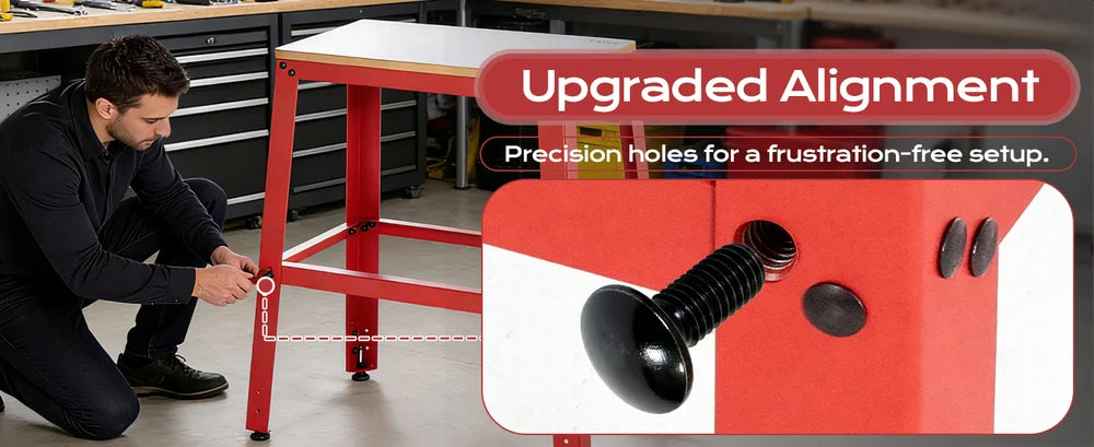 Person adjusting a red workbench with an inset showing upgraded alignment features.｜desktop