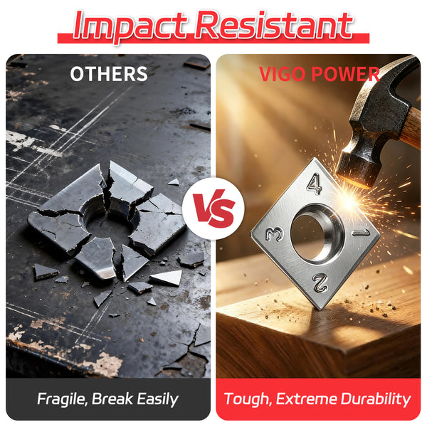 A promotional comparison graphic for a metal cutting insert. The left panel shows a generic metal insert breaking under a hammer, labeled 'OTHERS' with the text 'Fragile, Break Easily.｜card