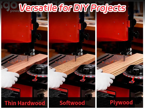 Woodworking machine cutting different types of wood with text 'Versatile for DIY Projects'.｜mobile
