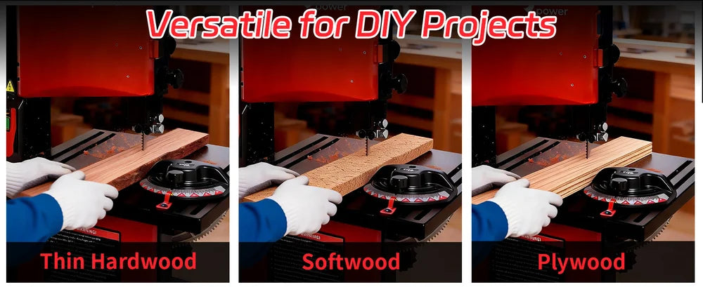 Woodworking machine cutting different types of wood with text 'Versatile for DIY Projects'.｜desktop
