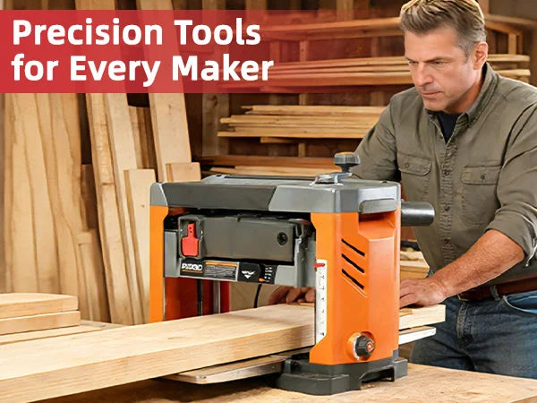 Man using a wood planer with text 'Precision Tools for Every Maker' above.｜mobile