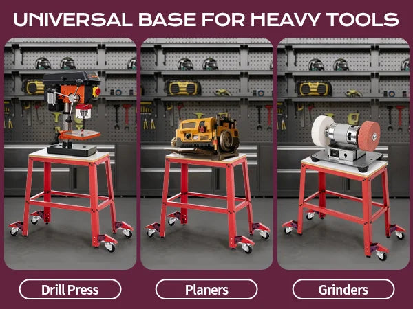 Red universal base for heavy tools with drill press, planers, and grinders on a workshop background.｜mobile
