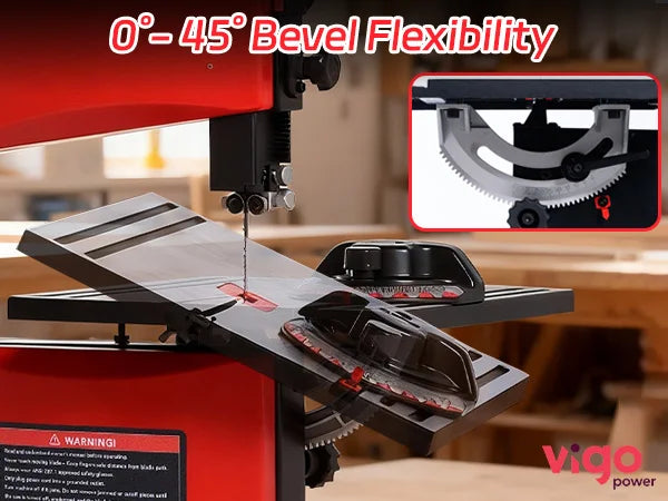 Benchtop band saw with bevel flexibility feature and Vigo Power branding.｜mobile