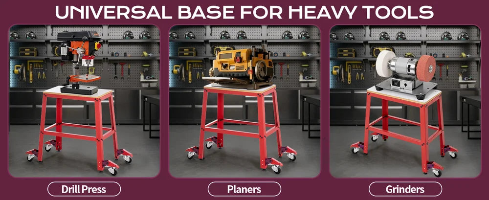 Red workstands with drill press, planers, and grinders in a workshop setting.｜desktop