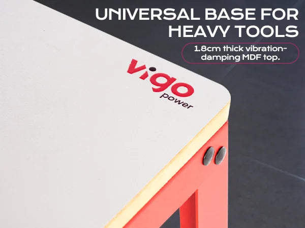 Vigo Power tool stand with text about a universal base for heavy tools and vibration-damping MDF top.｜mobile