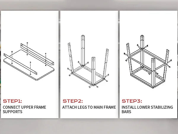 Step-by-step assembly instructions for a metal frame structure on a white background.｜mobile