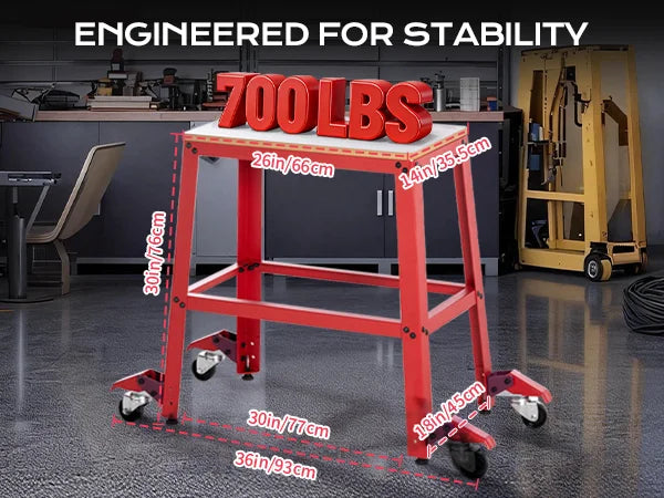 Red workbench with stability features and measurements in a workshop setting｜mobile