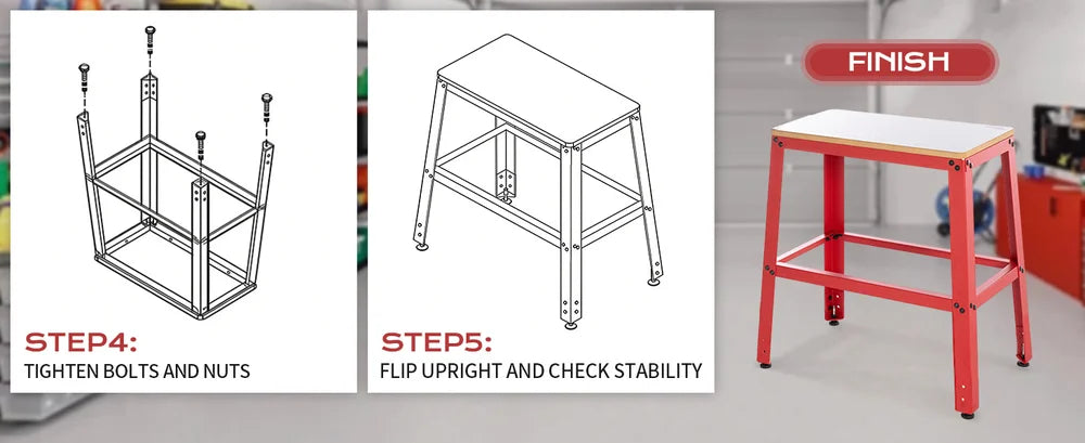 Step-by-step assembly and finish of a red stool with text indicating actions.｜desktop
