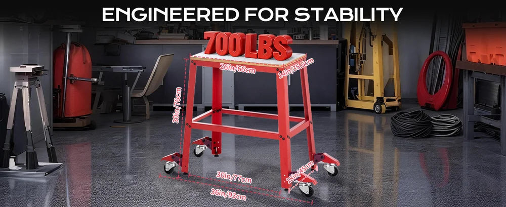Red stool with '700 LBS' capacity label in a workshop setting, emphasizing stability.｜desktop