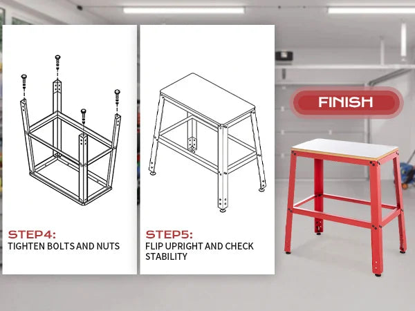 Step-by-step assembly instructions for a red stool with a completed stool on a gray background.｜mobile