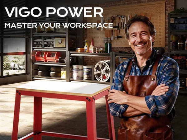 Man in a workshop with Vigo Power equipment and branding.｜mobile