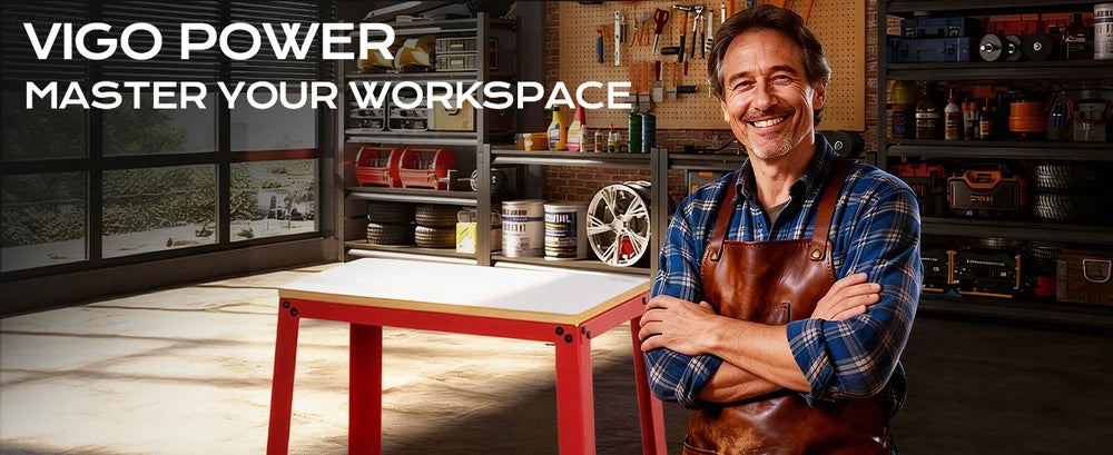Man in a workshop with tools and equipment, promoting Vigo Power.｜desktop