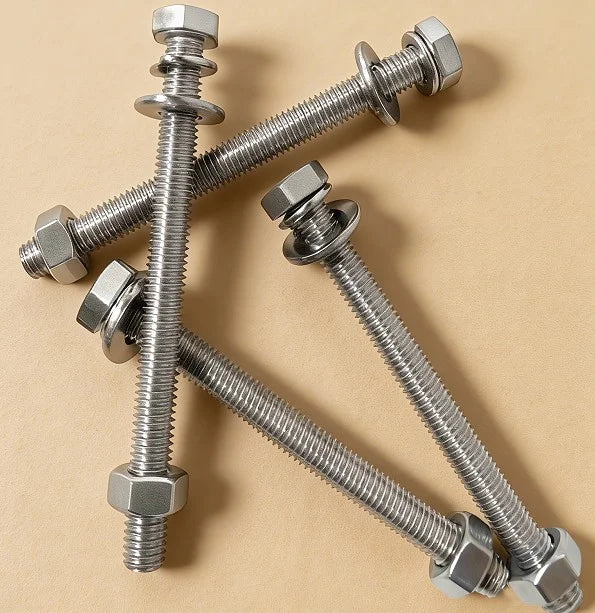 Metal bolts with nuts on a beige background｜card