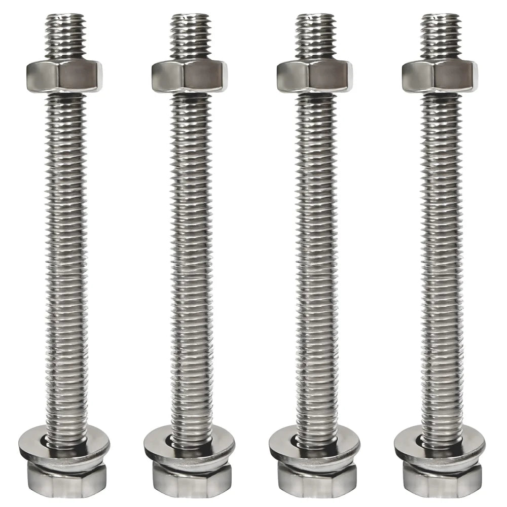 Four metal screws with hex nuts on a white background｜card