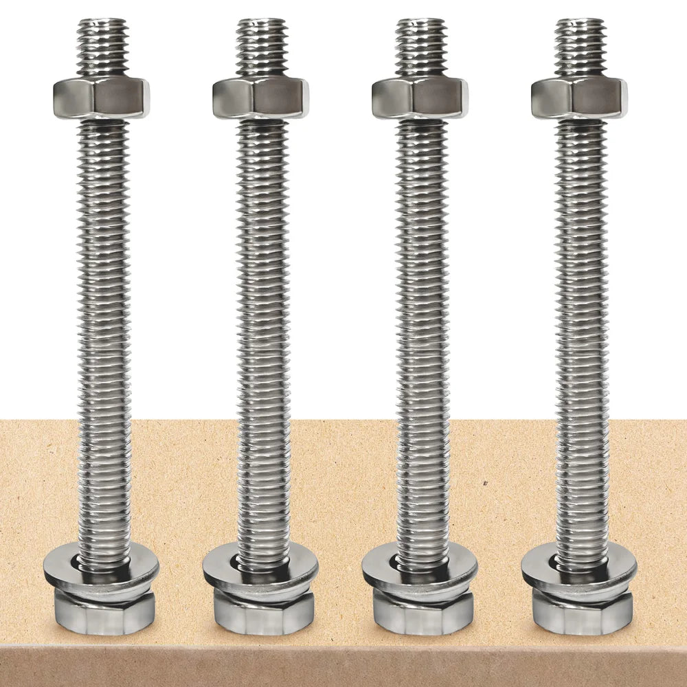 Four metal bolts with nuts on a wooden surface｜card