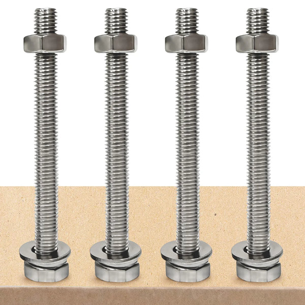 Four metal bolts with nuts on a wooden surface｜card