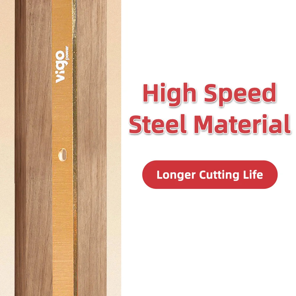 Wooden cutting board with 'vigo' branding and text about high-speed steel material and longer cutting life.｜card
