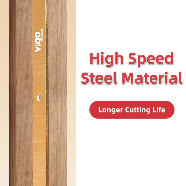 Wooden cutting board with 'vigo' branding and text about high-speed steel material and longer cutting life.｜card