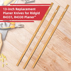 Replacement planer knives for Ridgid planers on a wooden surface with tools in the background.｜card