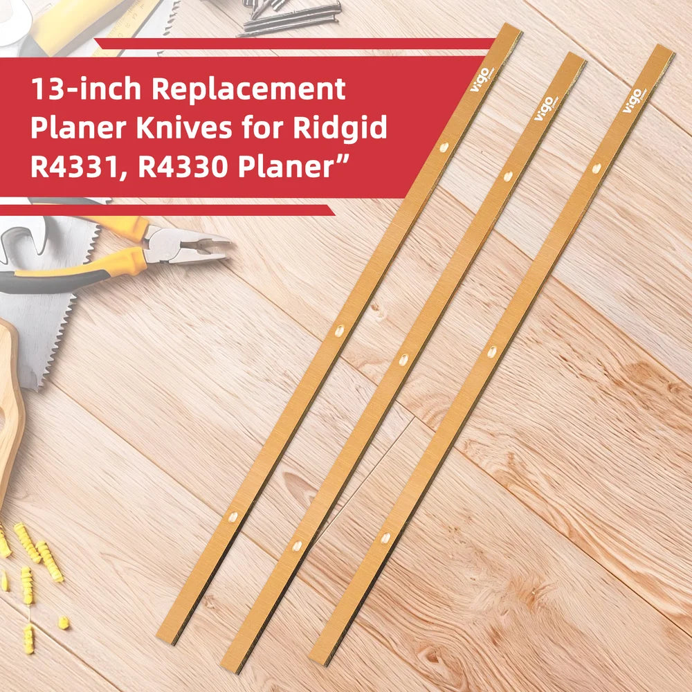 Replacement planer knives for Ridgid planers on a wooden surface with tools in the background.｜card
