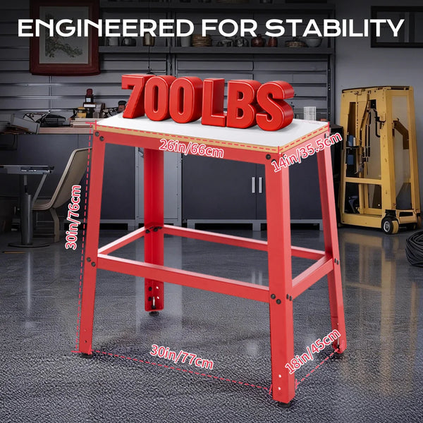 Red workbench with '700 LBS' capacity label in a workshop setting｜card
