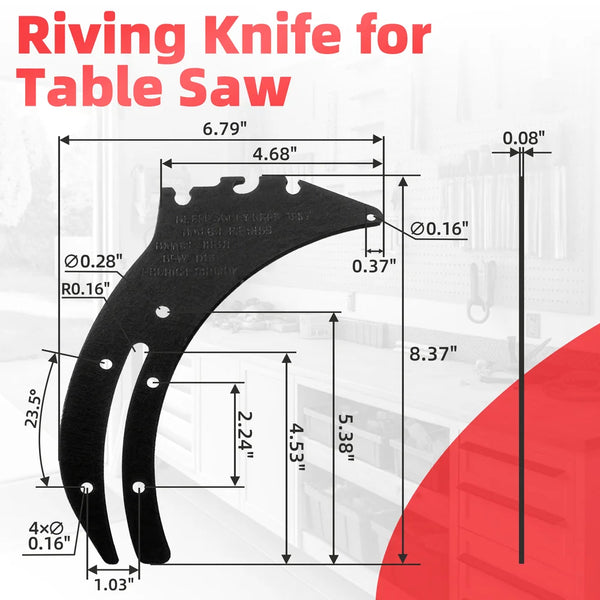 Riving knife for table saw with dimensions on a gray background｜card