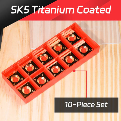 10-piece set of SK5 Titanium Coated tools in a red holder on a wooden surface.｜card