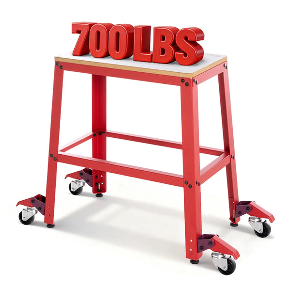 Red workbench with '700LBS' weight capacity sign on a white background｜card