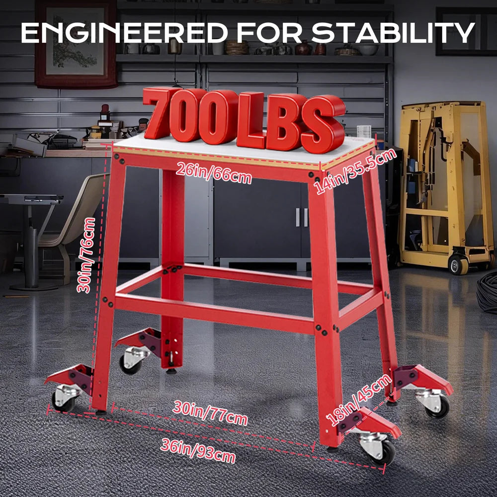 Red workbench with 700 lbs capacity label in a workshop setting｜card
