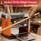 Hand holding a metal strip with precision locator holes in front of a Ridgid planer.｜card