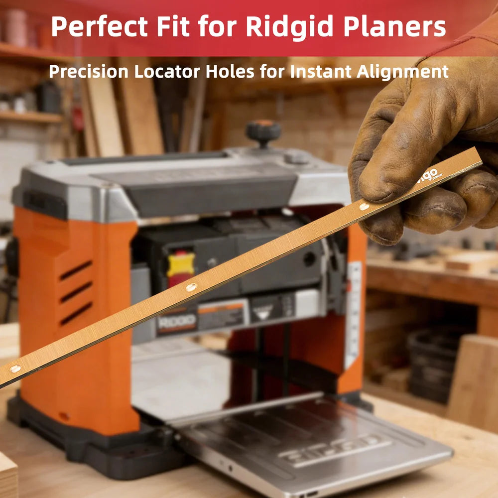 Hand holding a metal strip with precision locator holes in front of a Ridgid planer.｜card