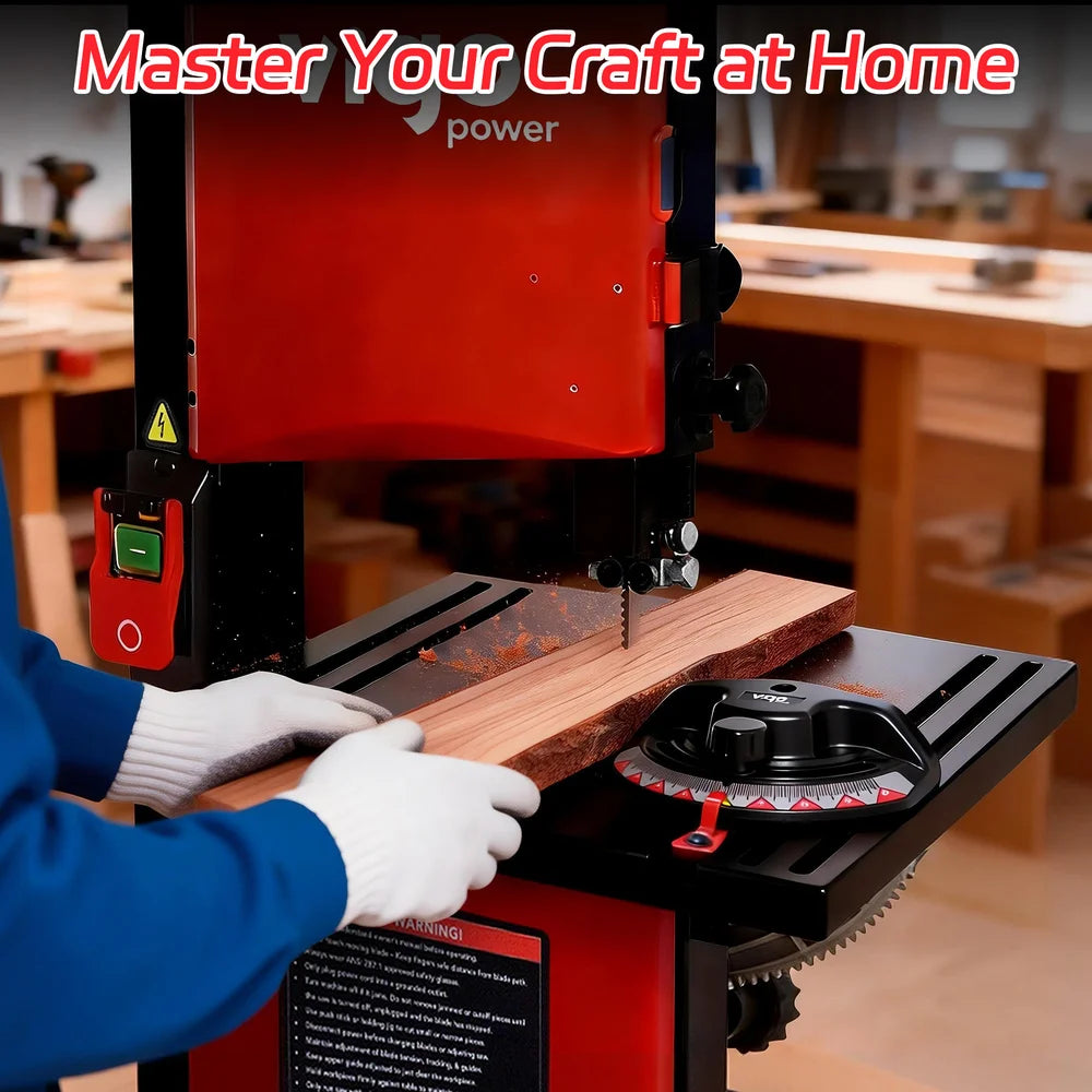 Person using a bandsaw with text 'Master Your Craft at Home' in a workshop setting.｜card