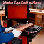 Person using a bandsaw with text 'Master Your Craft at Home' in a workshop setting.｜card