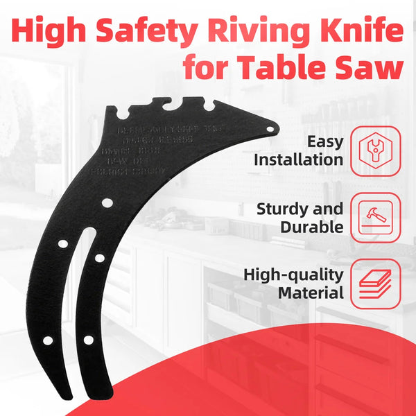 High safety riving knife for table saw with features listed on a white background｜card