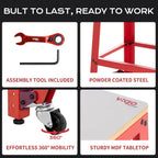 Red workbench with assembly tool, powder-coated steel, 360-degree mobility, and sturdy MDF tabletop.｜card