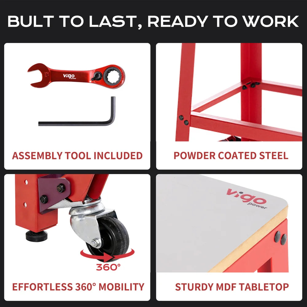 Red workbench with assembly tool, powder-coated steel, 360-degree mobility, and sturdy MDF tabletop.｜card