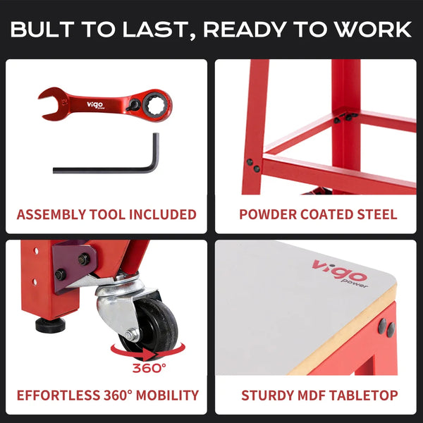 Red workbench with assembly tool, powder-coated steel, 360-degree mobility, and sturdy MDF tabletop.｜card