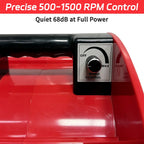 Red machine with a speed control panel labeled 'Precise 500-1500 RPM Control' and 'Quiet 68dB at Full Power'.｜card